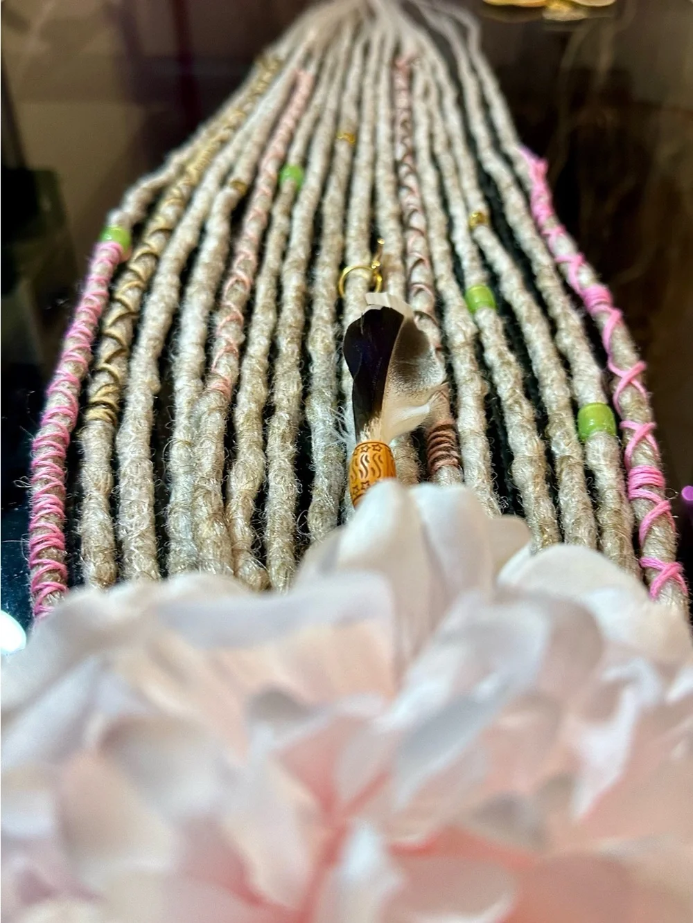 Boho Gray & Pink Synthetic Dreadlock Hair Wraps with Bead Accents